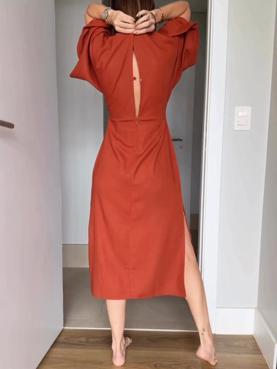 Casual V-neck cotton and linen lace-up dress