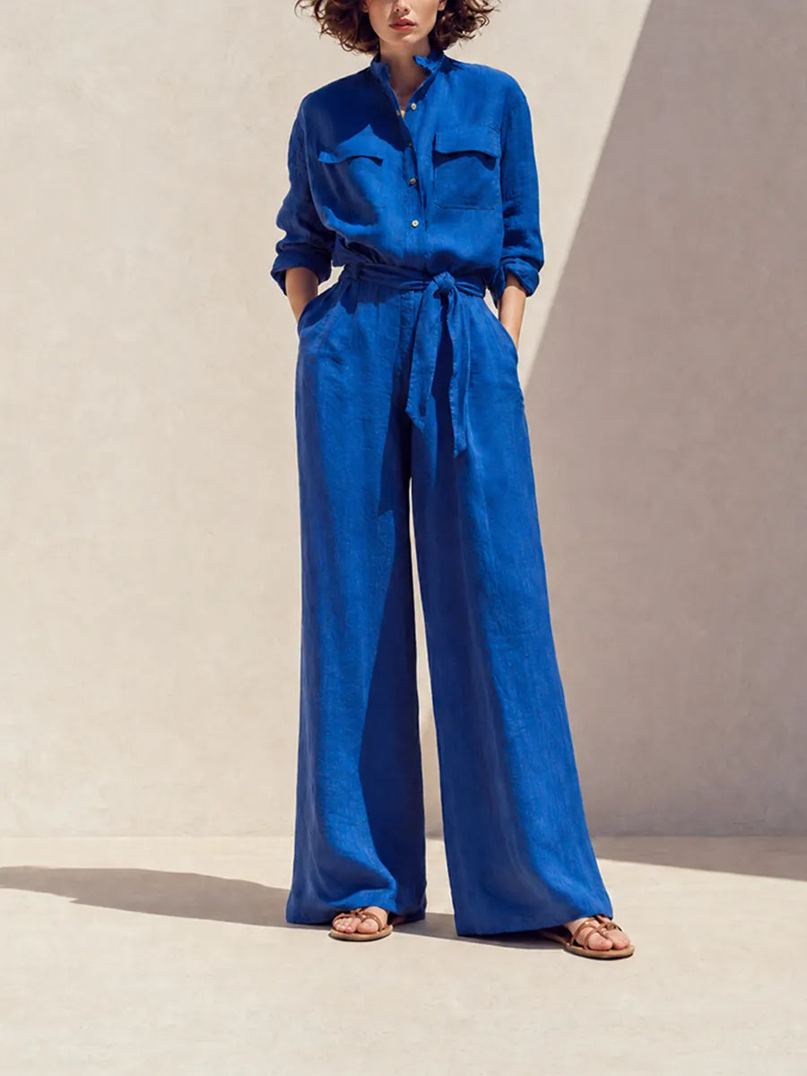 Women's Vacation Klein Blue Washed Linen Stand Collar Long-Sleeve Shirt & Wide-Leg Pants Set MDZ1740G5CMX