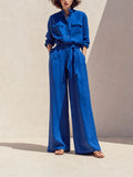 Women's Vacation Klein Blue Washed Linen Stand Collar Long-Sleeve Shirt & Wide-Leg Pants Set MDZ1740G5CMX