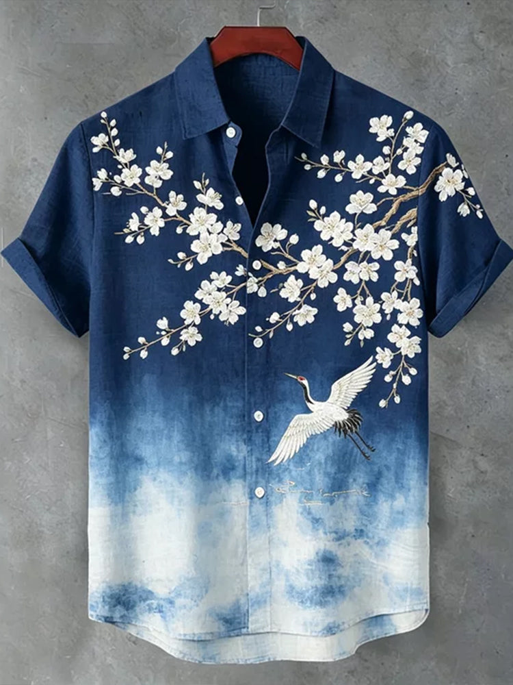 Vintage-inspired Cherry Blossom And Crane Embroidered Art Gradient Open-front Short Sleeve Shirt
