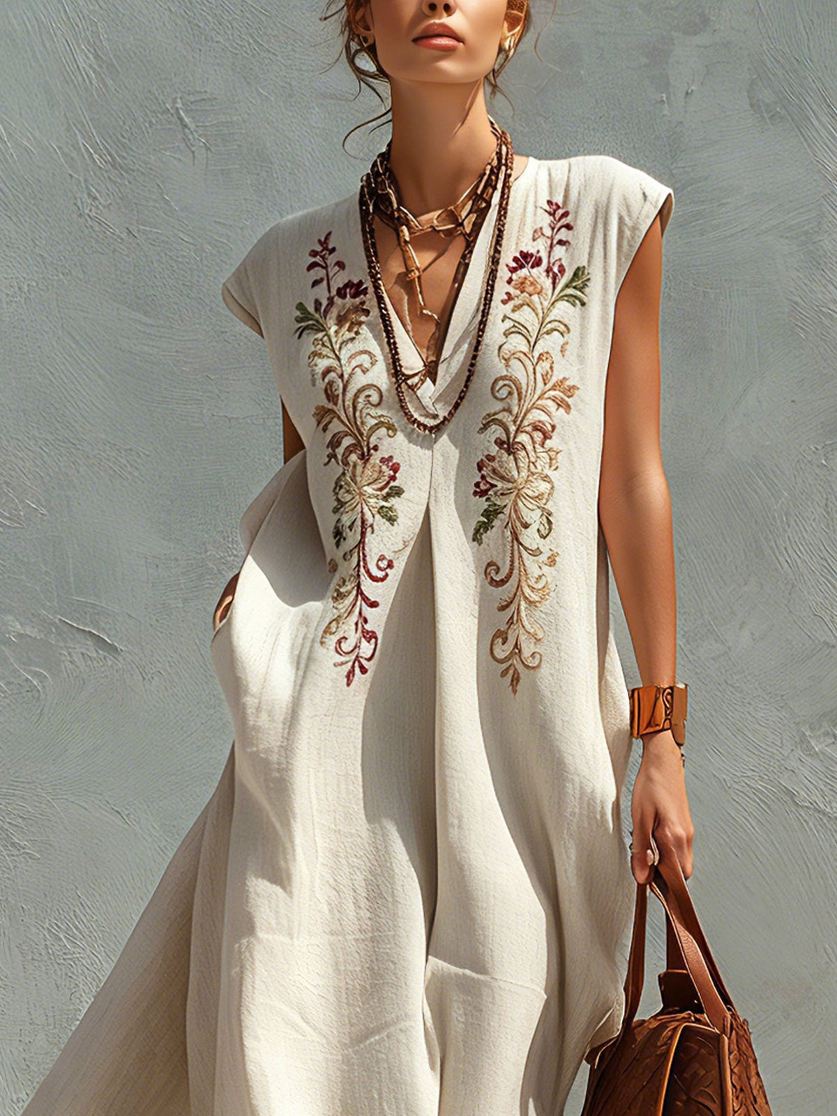 Beige Linen Blend Sleeveless Embroidered Maxi Dress