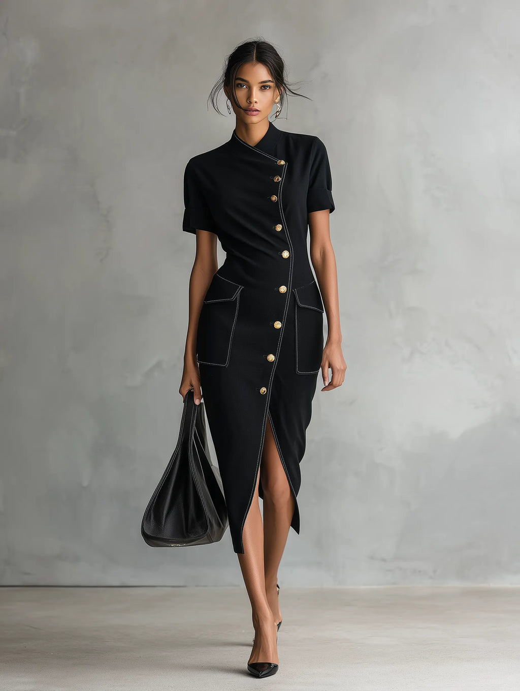 Women's Minimalist Asymmetric Single-Breasted Short-Sleeve Midi Dress MDZ0886G0WY