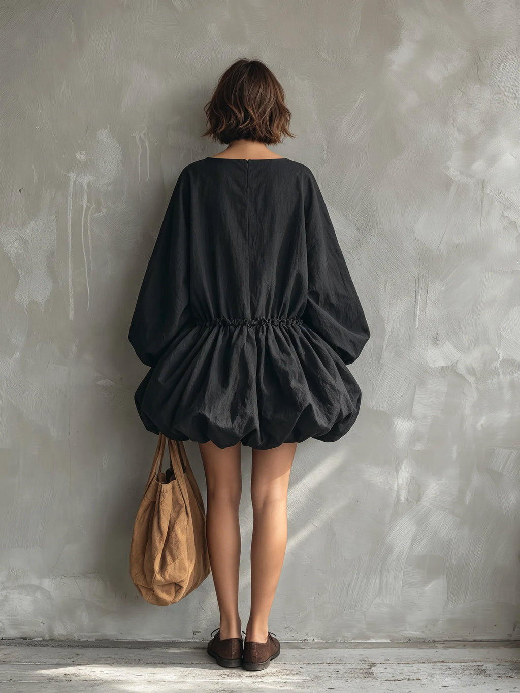 Women's Casual Black Long-sleeve Mini Dress With A Round Neck And Tulip Skirt MDZ0922G5LXY