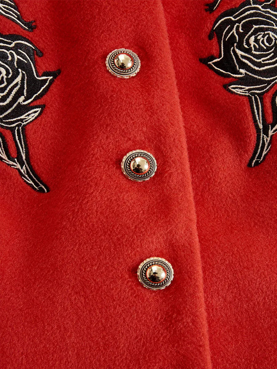 Ruffled Stand-up Collar Single-breasted Rose Embroidered Jacket