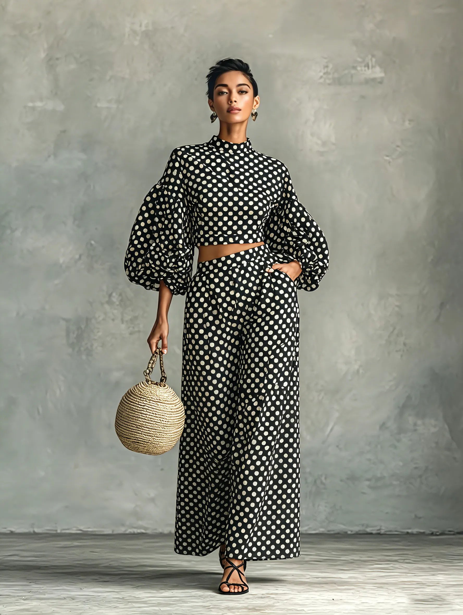 Women's Minimalist Polka-Dot Lantern-Sleeve Blouse And Wide-Leg Pants Set MDZ0967G6WY