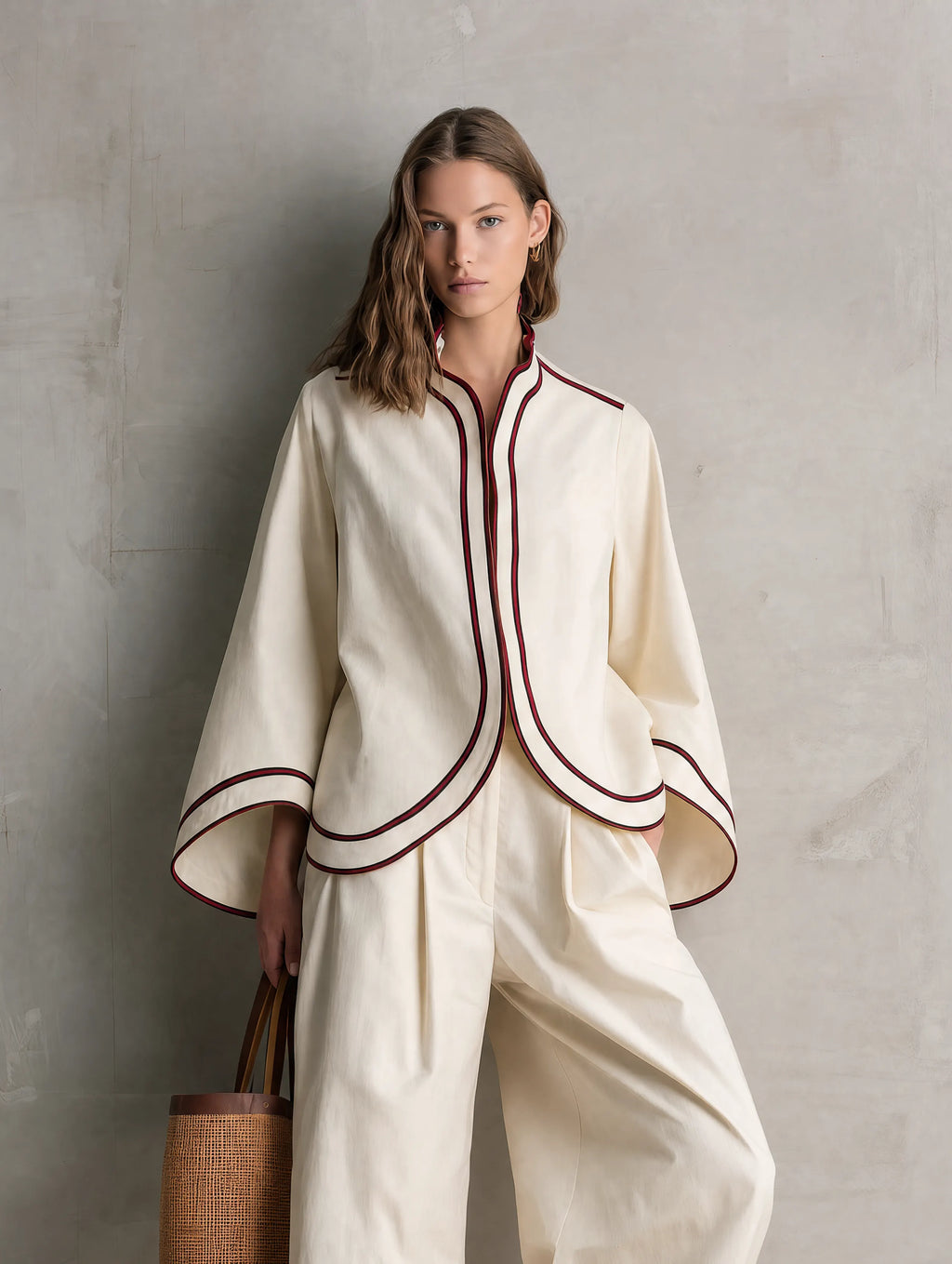 Women's Casual Beige Woven Long-sleeve Jacket And Trousers Set MDZ0748G9LXY