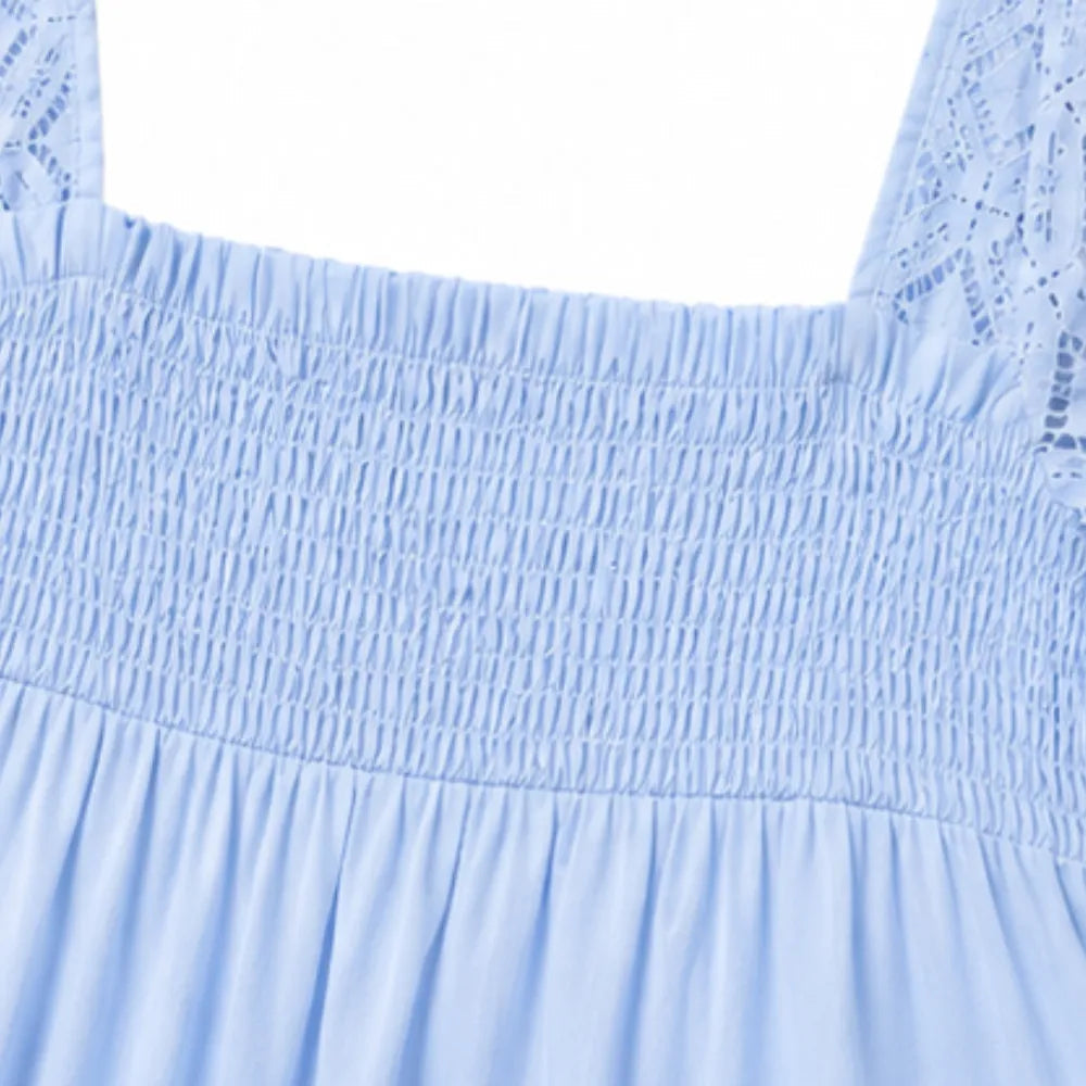Vivelyn – Square Neck Smocked Babydoll Mini Dress with Lace Sleeves