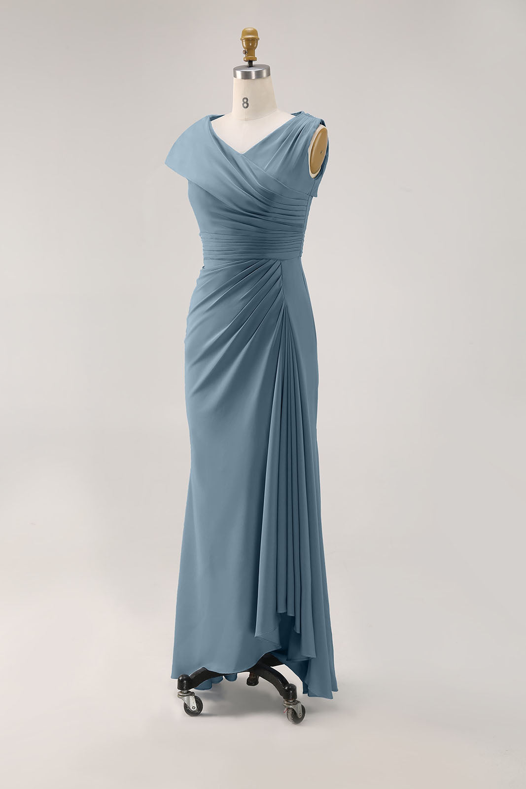 Wedding Guest Party Dress Blue Ruched V Neck Maxi Dress
