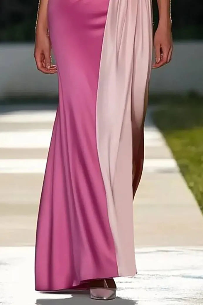 Wedding Guest Satin Pink Dress Short Sleeve Pink Maxi Dress