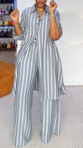 Grey Striped Linen‑Look 2‑Piece Set