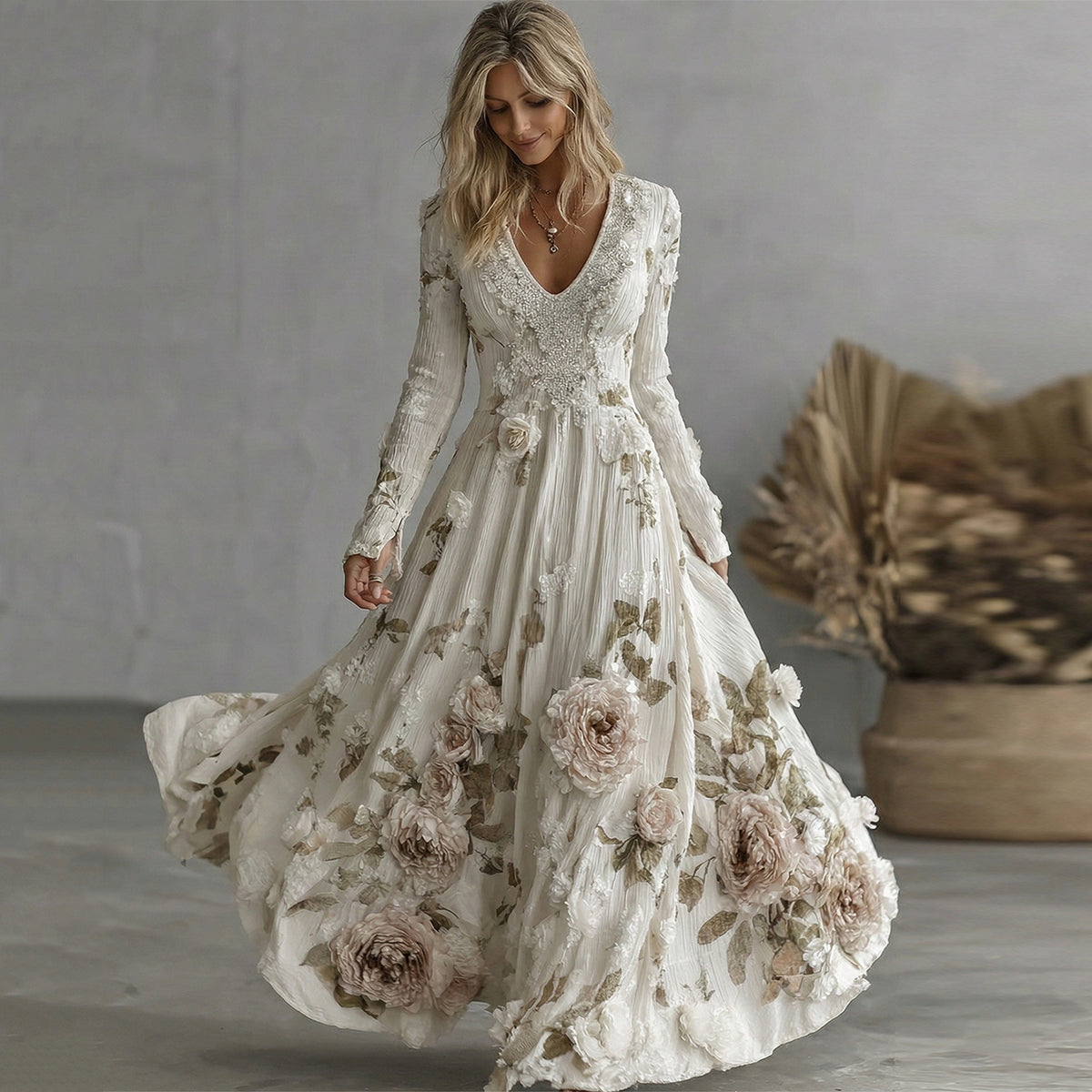 Women's Vintage Boho Pink Rose Floral  Sequins Art Flowy Maxi Dress