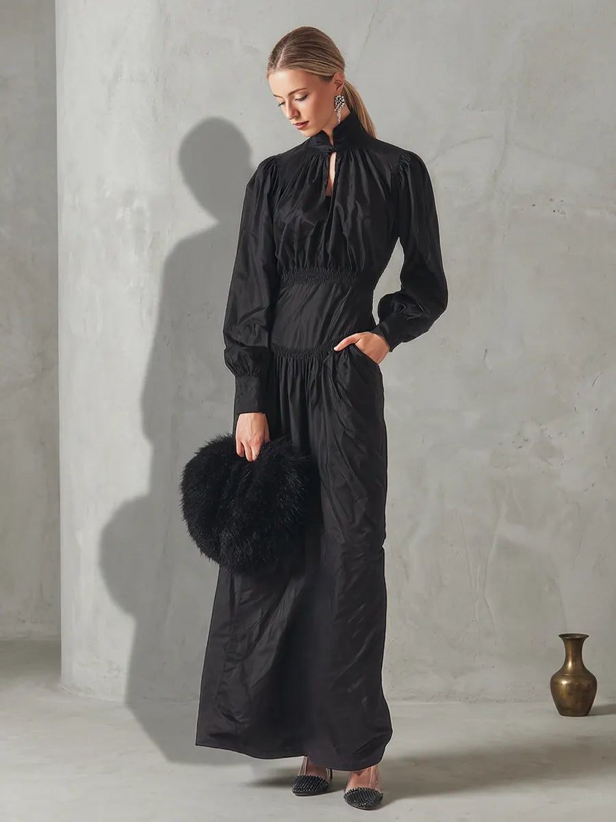 Women's All-Black Cotton-Blend Maxi Dress With Ruched Cinched Torso & Cuff Button Sleeves, Versatile Formal Occasion Flowy Maxi Dress MDZ0678G5LYL