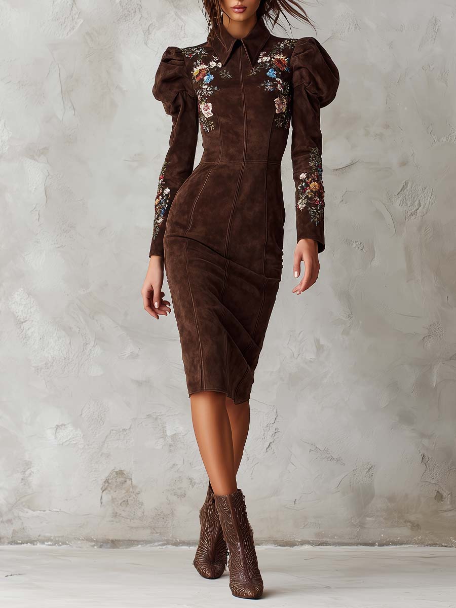 Brown Suede Embroidered Puff Sleeve Midi Dress