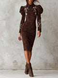 Brown Suede Embroidered Puff Sleeve Midi Dress