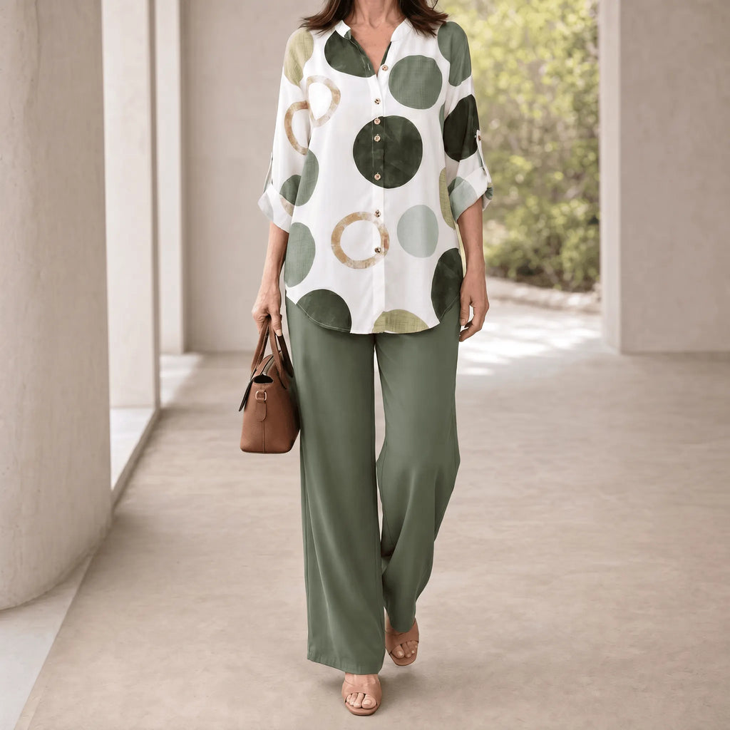 Monica – Women's Abstract Print 2-Piece Set, Blouse and Wide-Leg Trousers