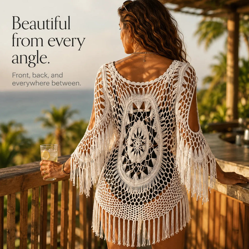Solenza – Boho Crochet Cover-Up with Long Fringe Hem and Mandala Detail