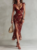 Vintage Floral Print Lace Ruffle Sleeves Maxi Dress With High Slit