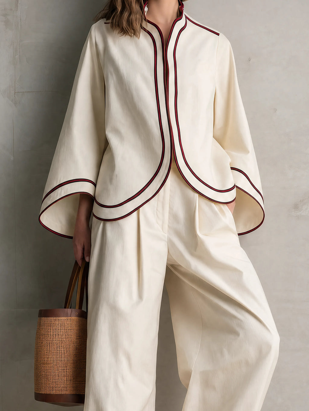 Women's Casual Beige Woven Long-sleeve Jacket And Trousers Set MDZ0748G9LXY