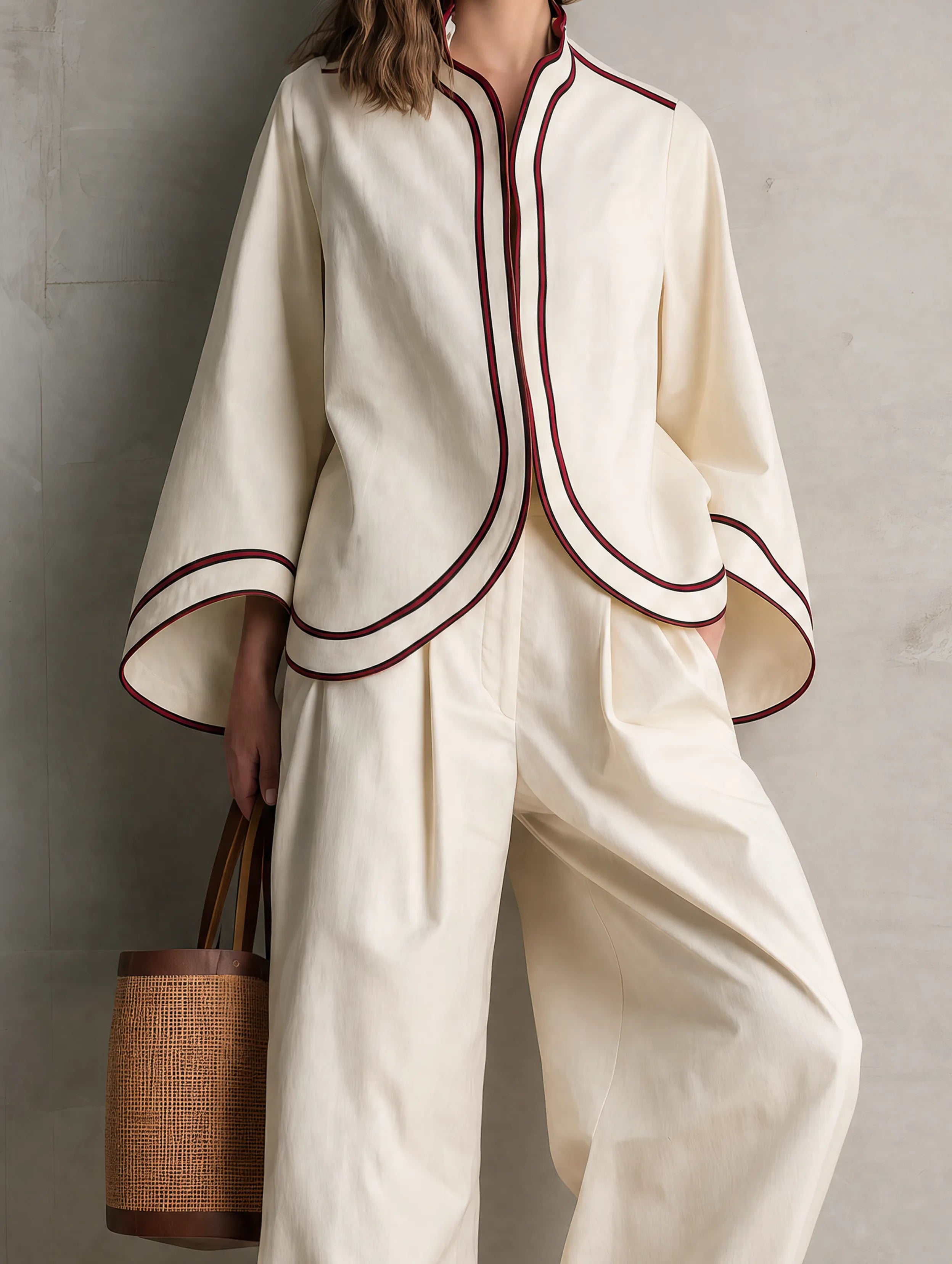 Women's Casual Beige Woven Long-sleeve Jacket And Trousers Set MDZ0748G9LXY