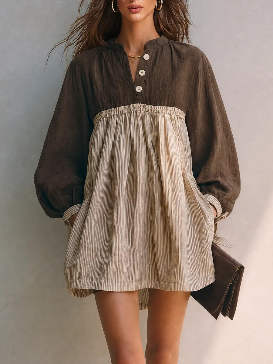 Women's Two-Tone Cotton Linen Stand Collar Balloon Sleeve Mini Dress MDZ2190G6ZRK