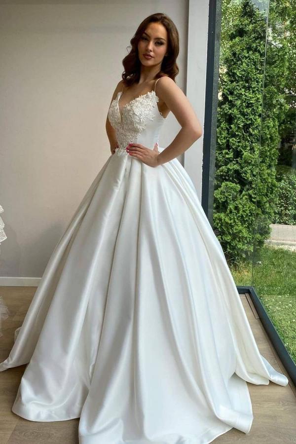 Daisda Elegant Ball Gowns Sweetheart Spaghetti-Straps Satin Long Wedding Dress