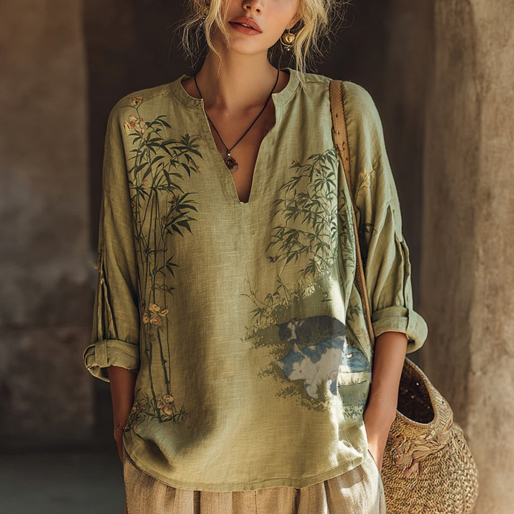 Women's Lazy Cat Under The Bamboo Print Comfy Top