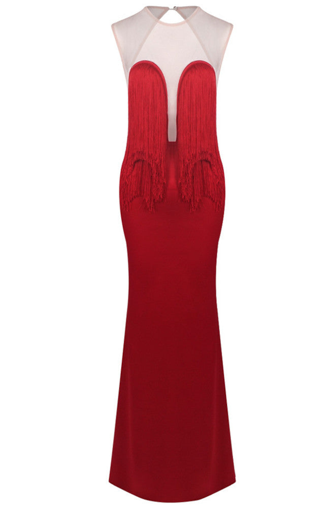 Mesh Insert Tassel Maxi Dress Red