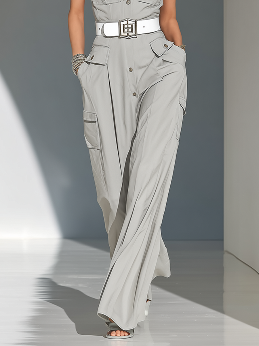 Women's Light Gray Woven Cargo Jumpsuit With Cutout Shoulder Flap Pockets & Stand Collar Button Front ( Without Belt) MDZ2904F4LYL