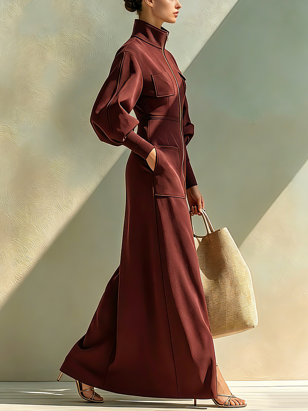 Wine Red Zip-Front High Neck Maxi Dress