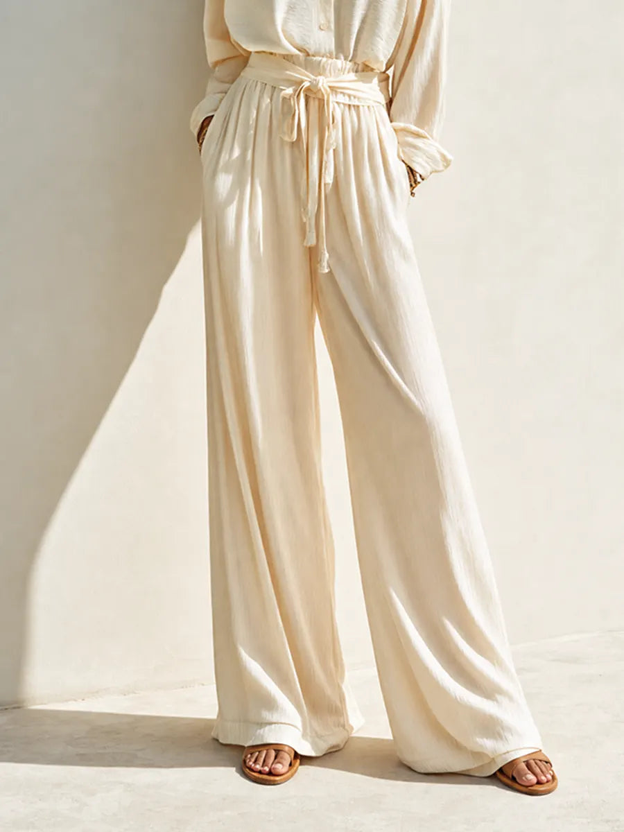 Women's Resort-Style Off-white Collared Long-Sleeve Shirt & Belted High-Waisted Wide-Leg Pants Crinkle-Texture Set MDZ1483G8CMX