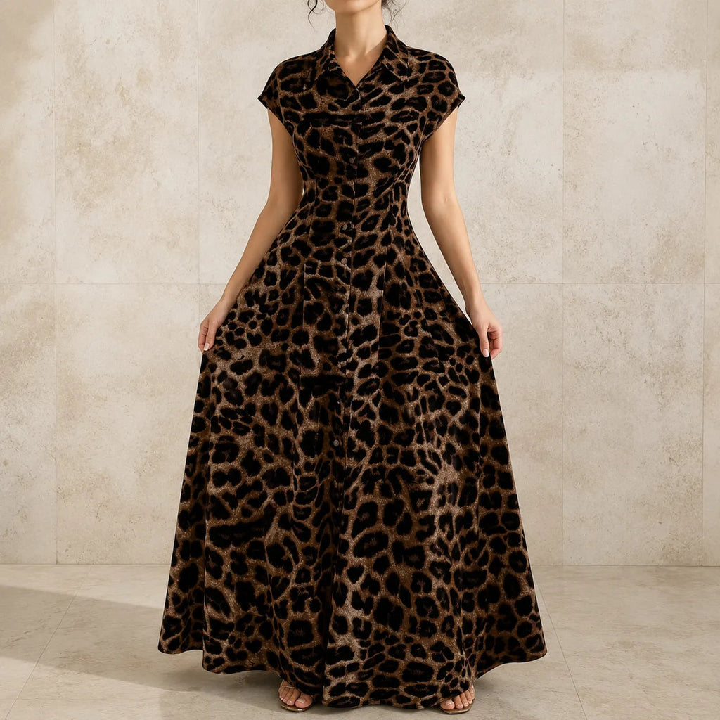 Veluxa – Leopard Print Cinched Waist Maxi Shirt Dress with Pockets