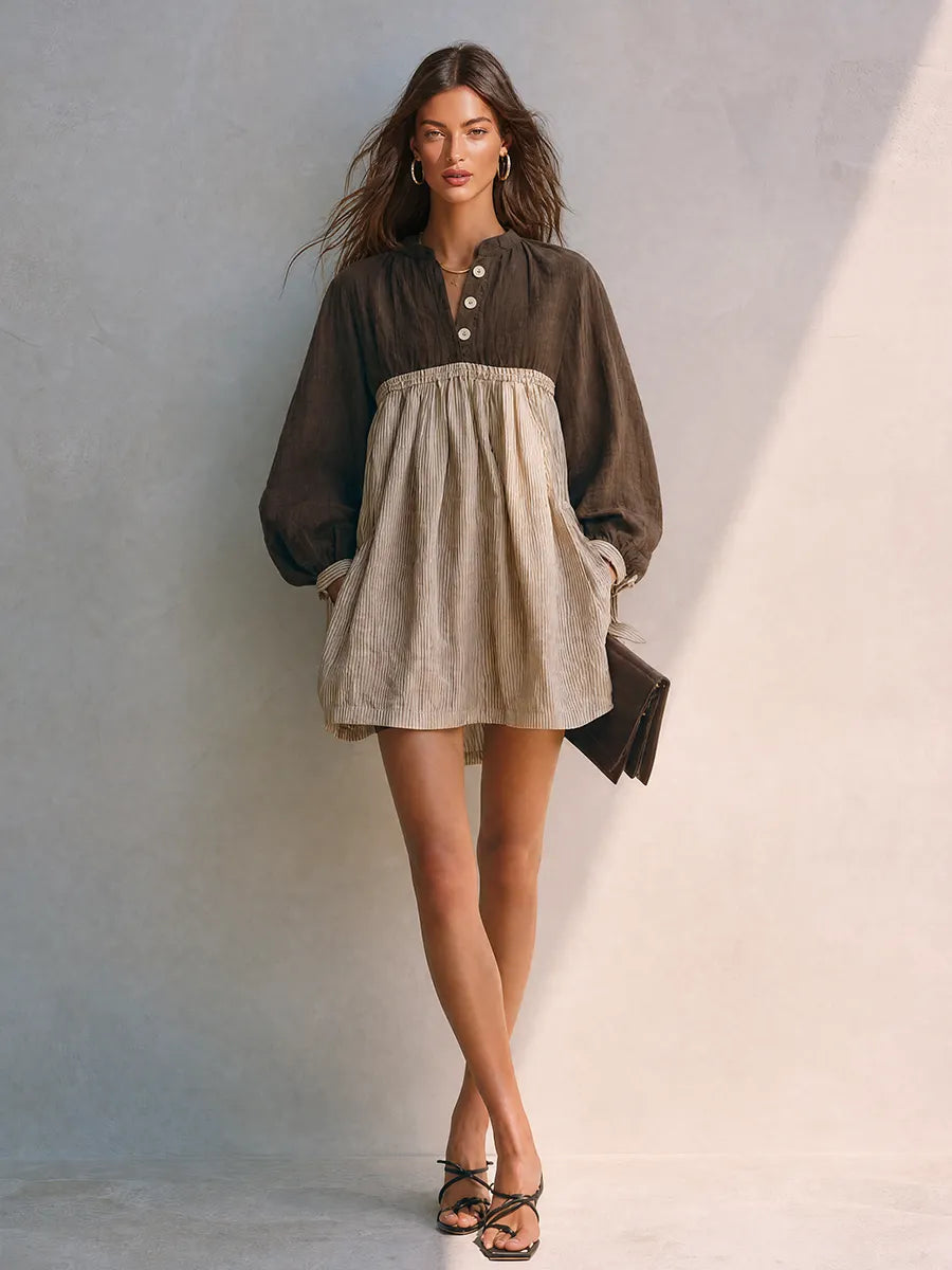 Women's Two-Tone Cotton Linen Stand Collar Balloon Sleeve Mini Dress MDZ2190G6ZRK