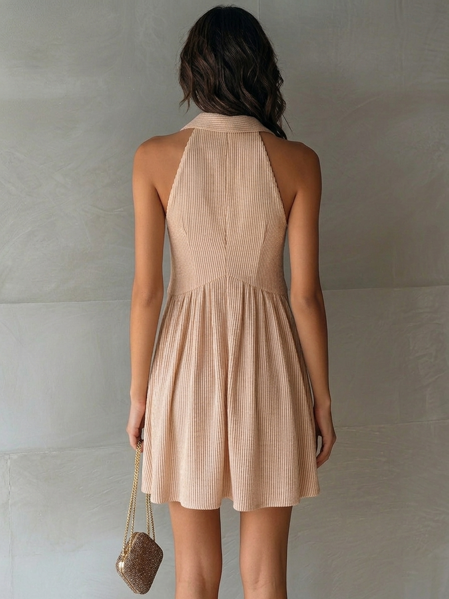 Nude Pink Vertical Striped Collared Sleeveless Mini Dress