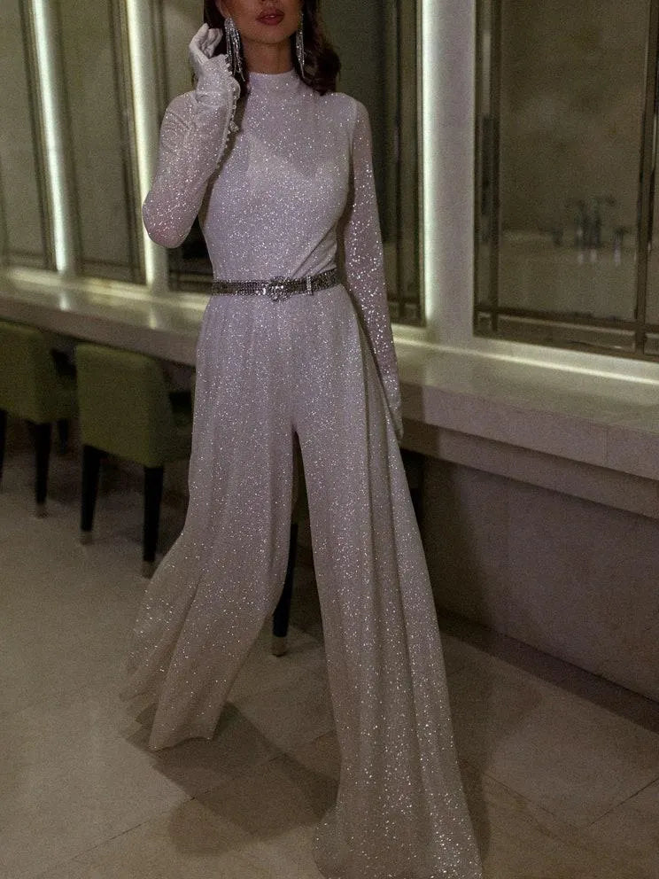 Neosepa-Shimmering Sequin Round neck Wide Leg Graceful Wedding Jumpsuit (Without Gloves)