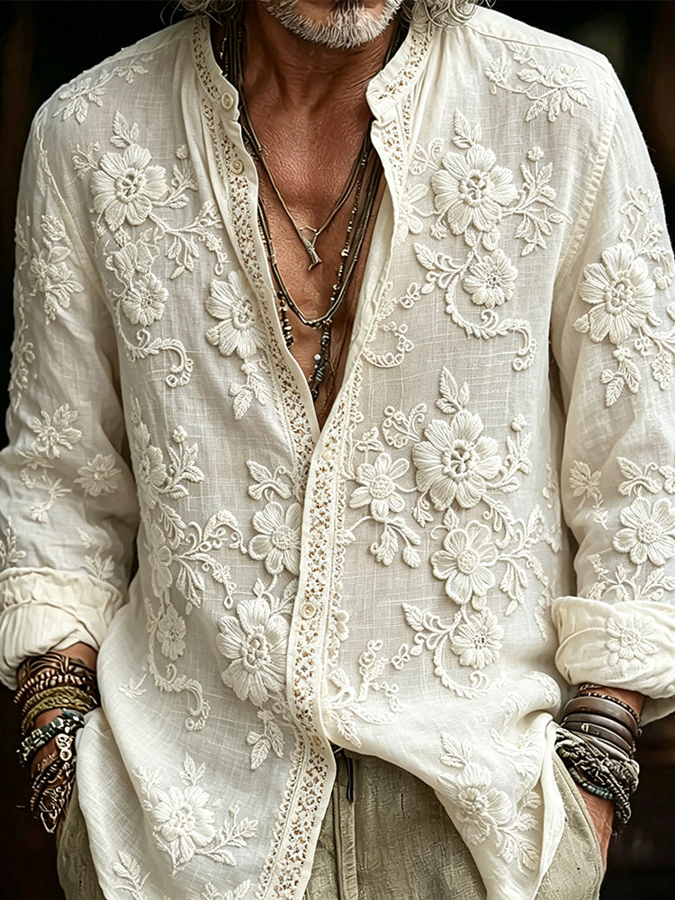 Men's Classy Floral Embroidery Art Cozy Linen Blouse