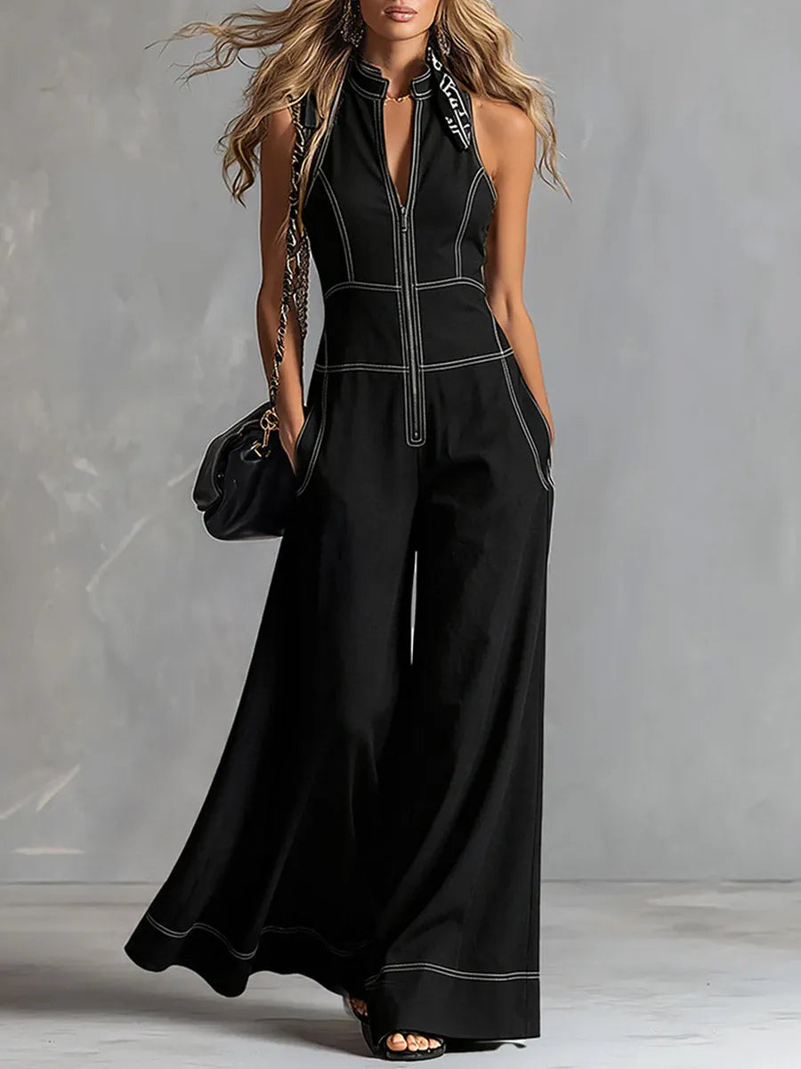 Stylish And Elegant Front-zip Black Tencel Denim Sleeveless Wide-leg Jumpsuit