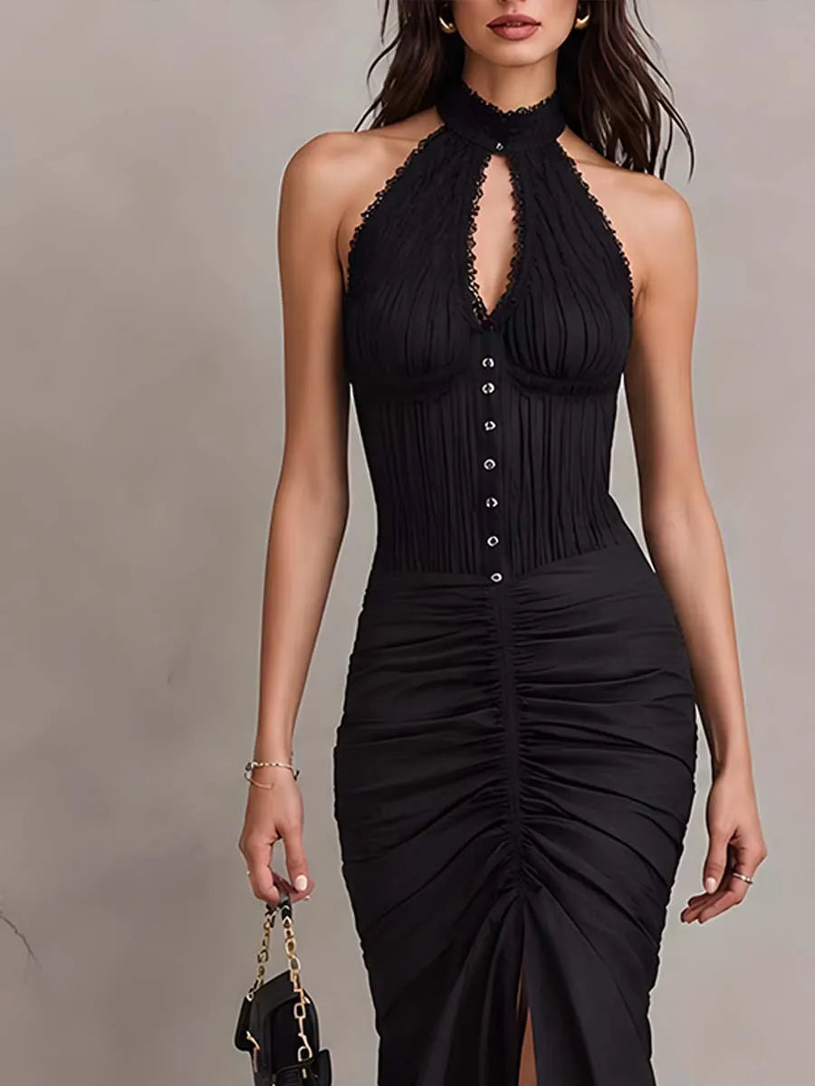 Vintage Lace-Trimmed Halter-Neck Ruched Midi Dress