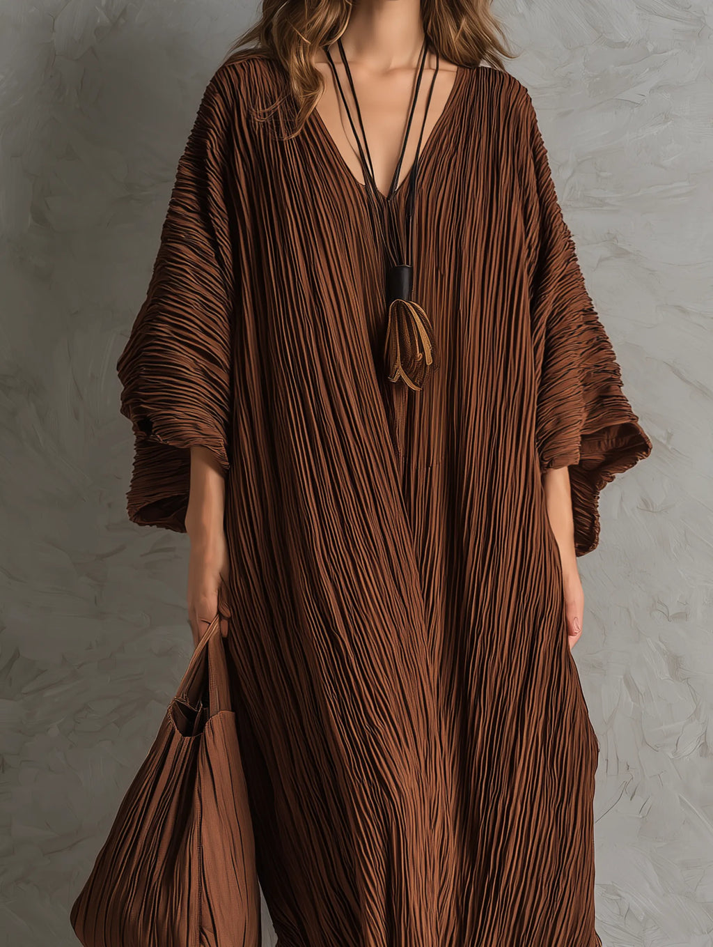 Women's Casual Brown Woven Pleated V-Neck Batwing-Sleeve Loose Maxi Dress MDZ0700G8LXY