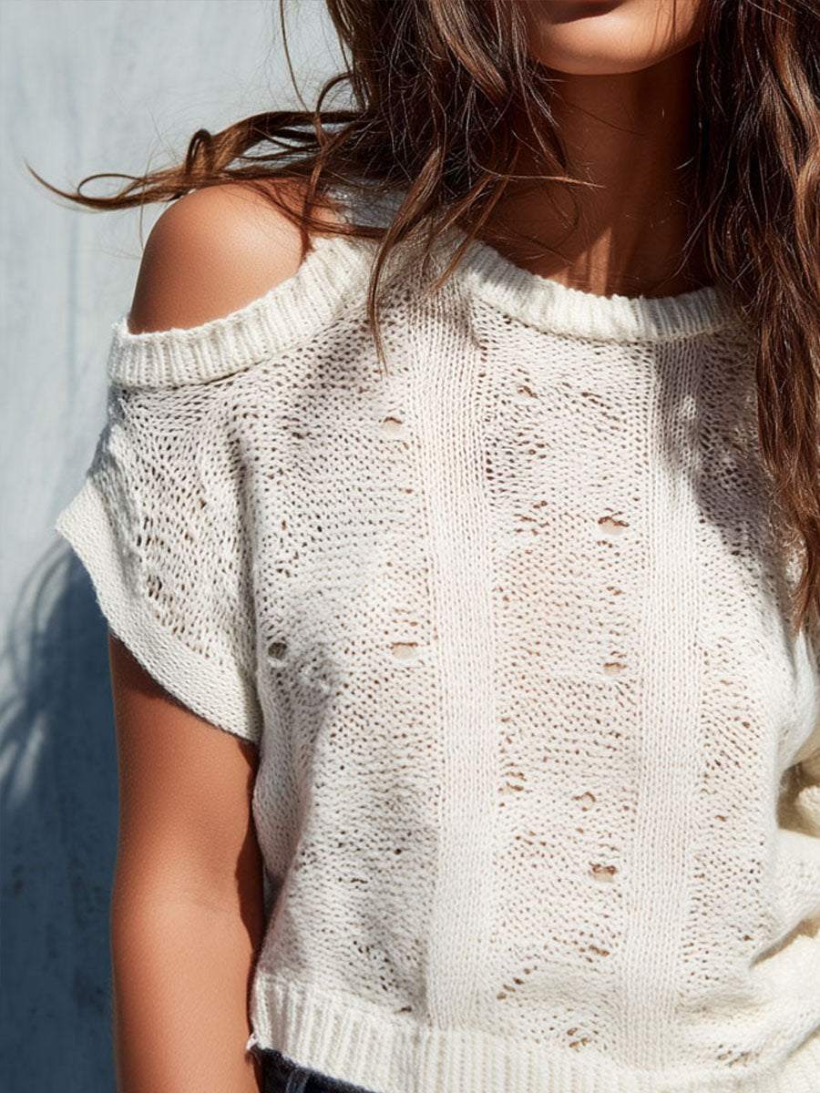 Boho Ivory Open-Knit Cold-Shoulder Pullover Top