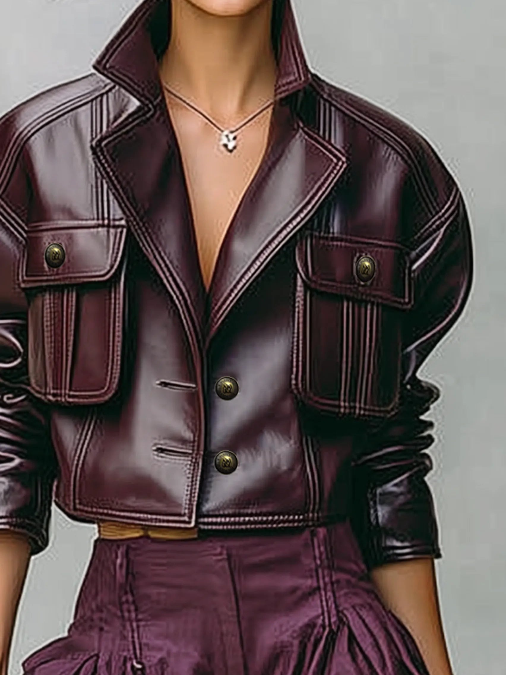 Women's Loose PU Leather Short Double Chest Pocket Jacket MDA1666I2Y