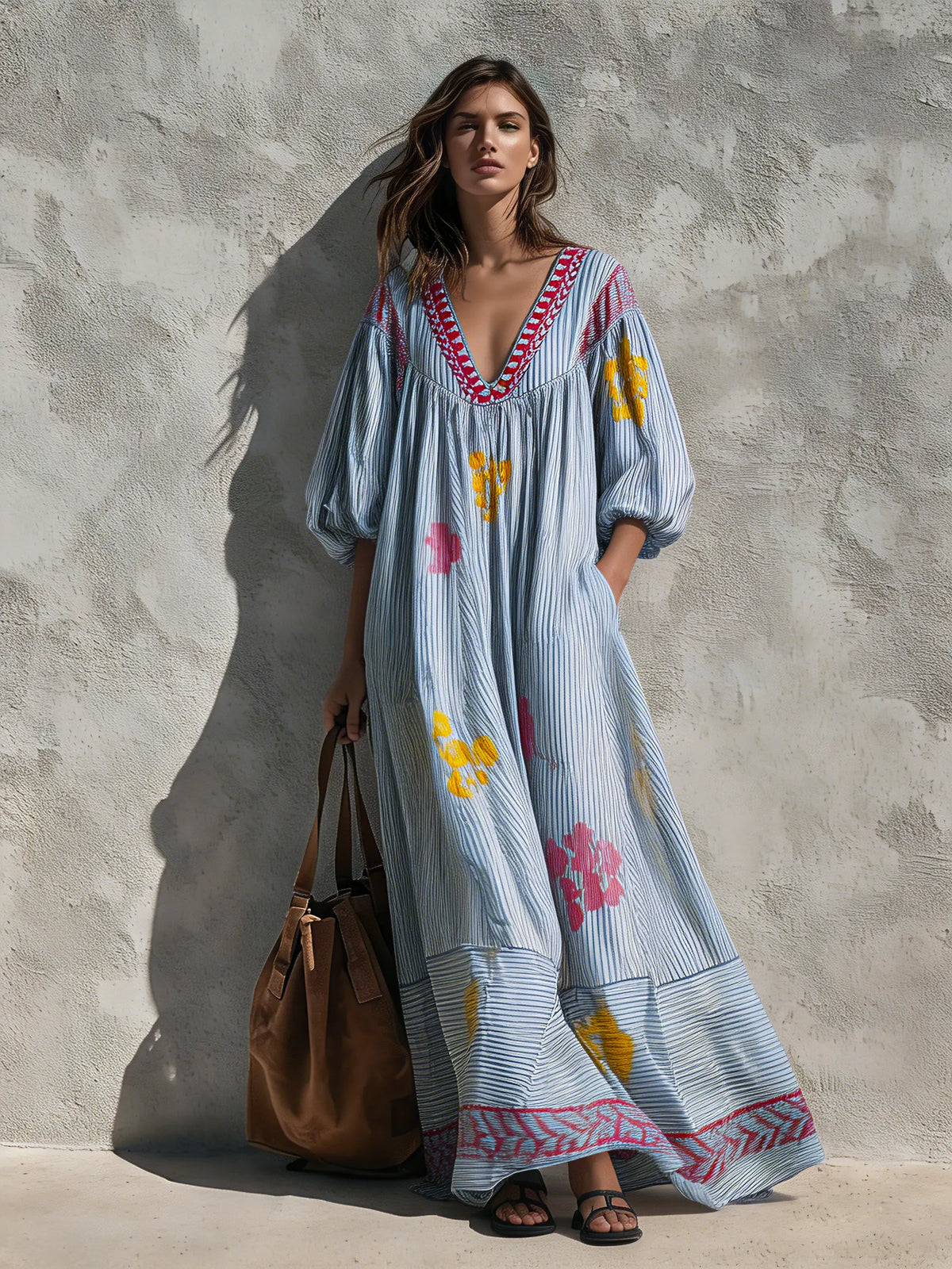 Women's Casual Blue And White Striped Print Woven Maxi Dress With V-Neck And Puff Sleeves MDZ2334G8LXY
