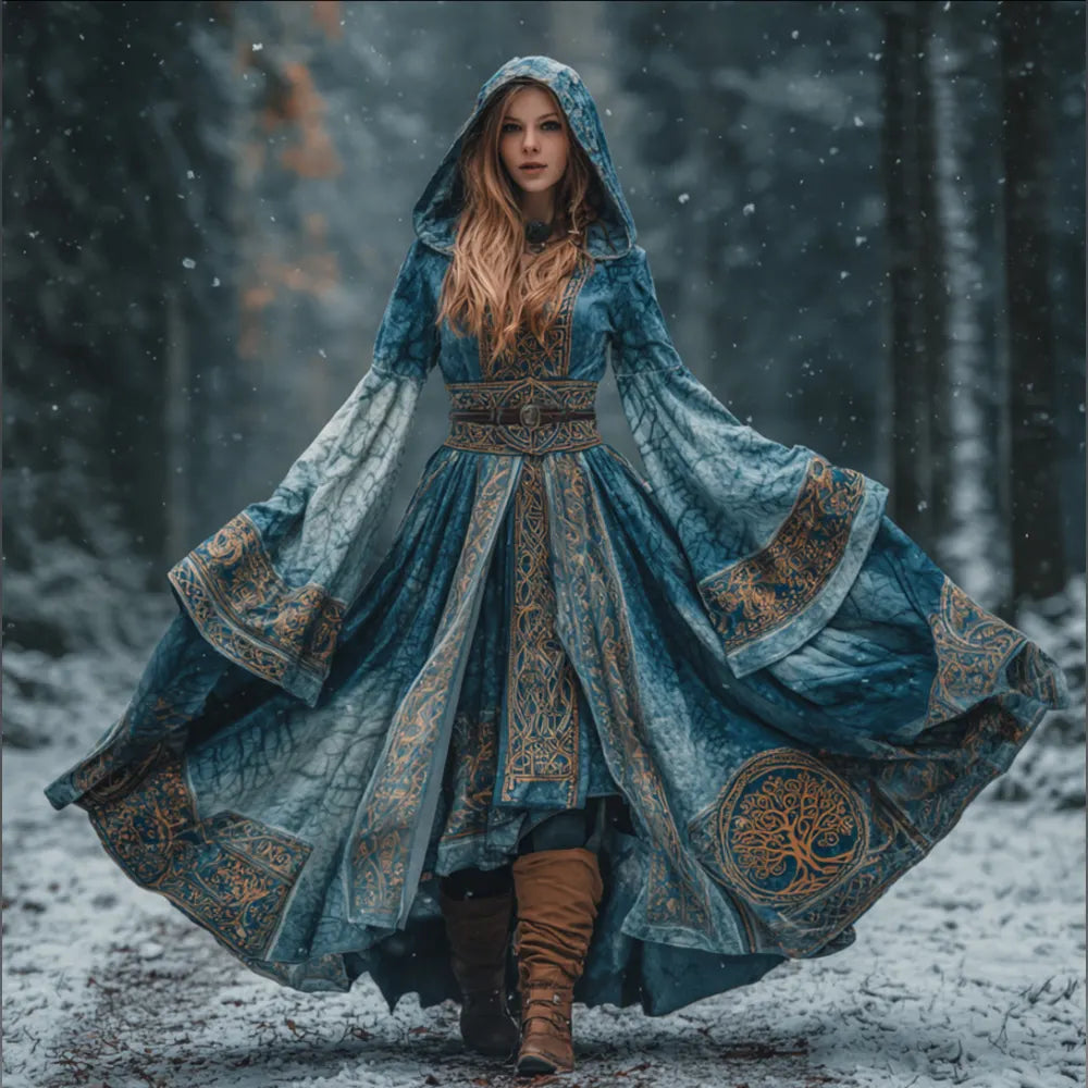 Women's Viking Style Gold Print Tree Of Life Blue Tie Dye Cape