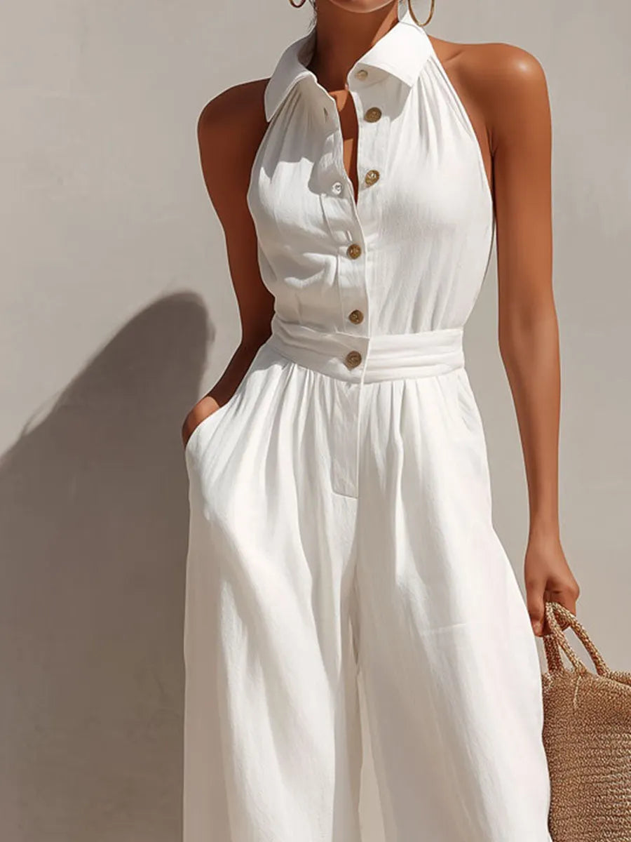 Boho Chic White Button-Front Wide-Leg Jumpsuit