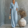 Elegant V-Neck Pleated Wide-Leg Jumpsuit | Flowy High-Waist Romper with Pockets