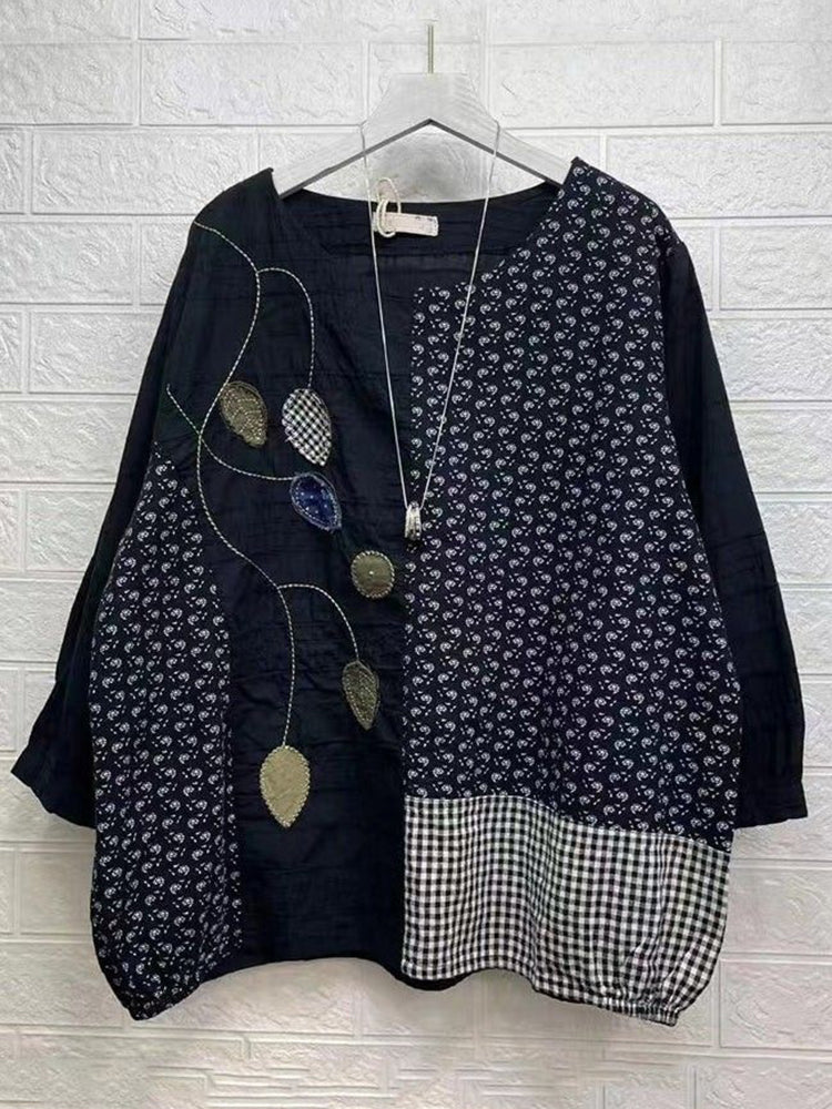 Japanese Style Embroidered Floral Spliced round Neck T-shirt