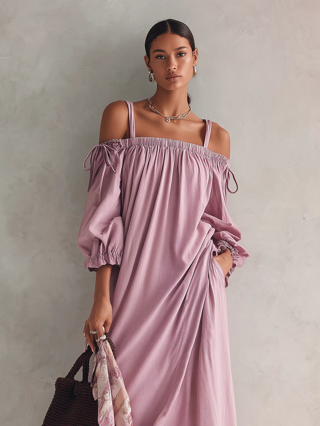 Women's Casual Lilac Woven Midi Dress With Straps And Mid-length Sleeves MDZ0711G3LXY
