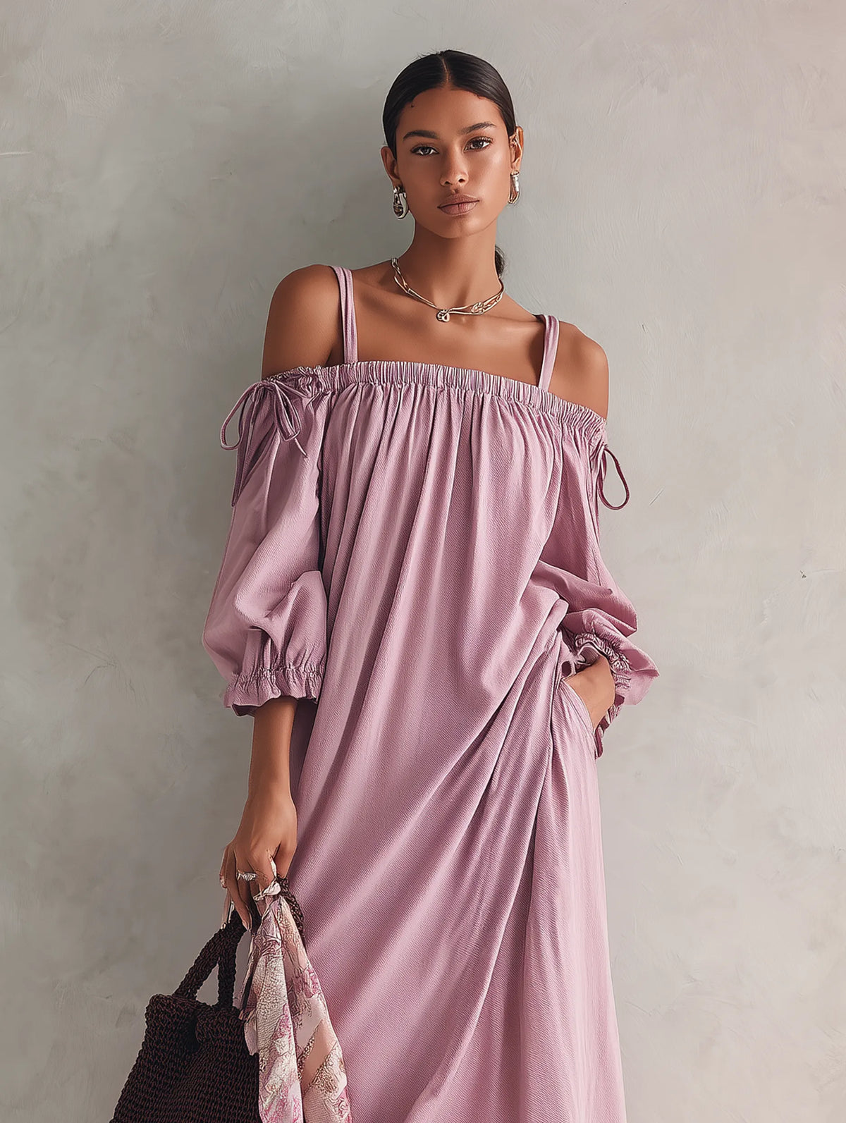 Women's Casual Lilac Woven Midi Dress With Straps And Mid-length Sleeves MDZ0711G3LXY