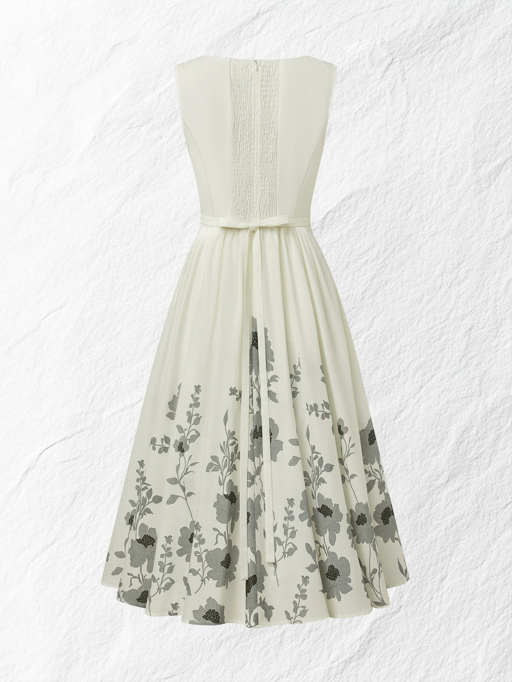 Midi Linen Dress , Sleeveless, Round Neck, Floral, Vacation, Vintage, White