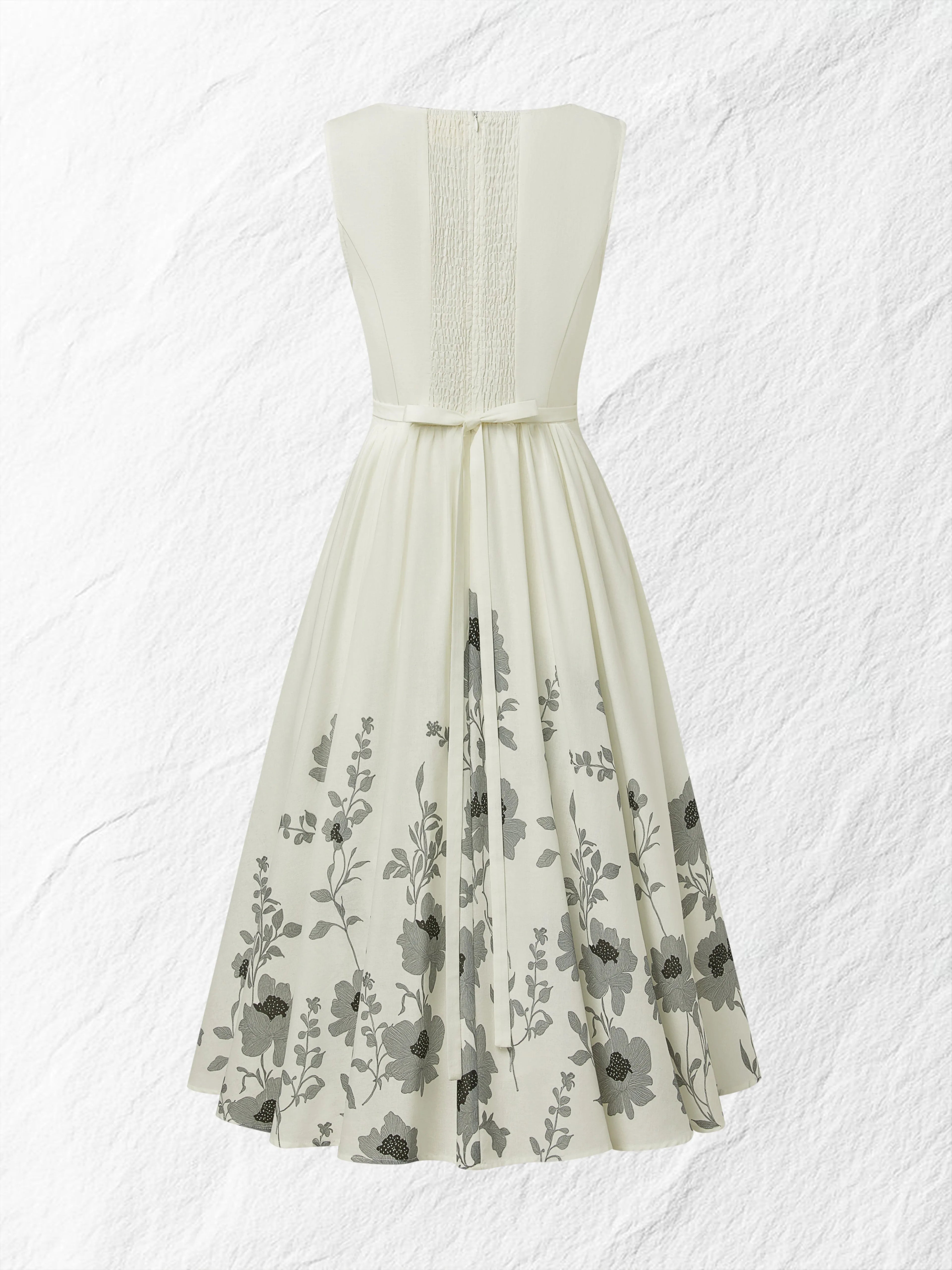 Midi Linen Dress , Sleeveless, Round Neck, Floral, Vacation, Vintage, White