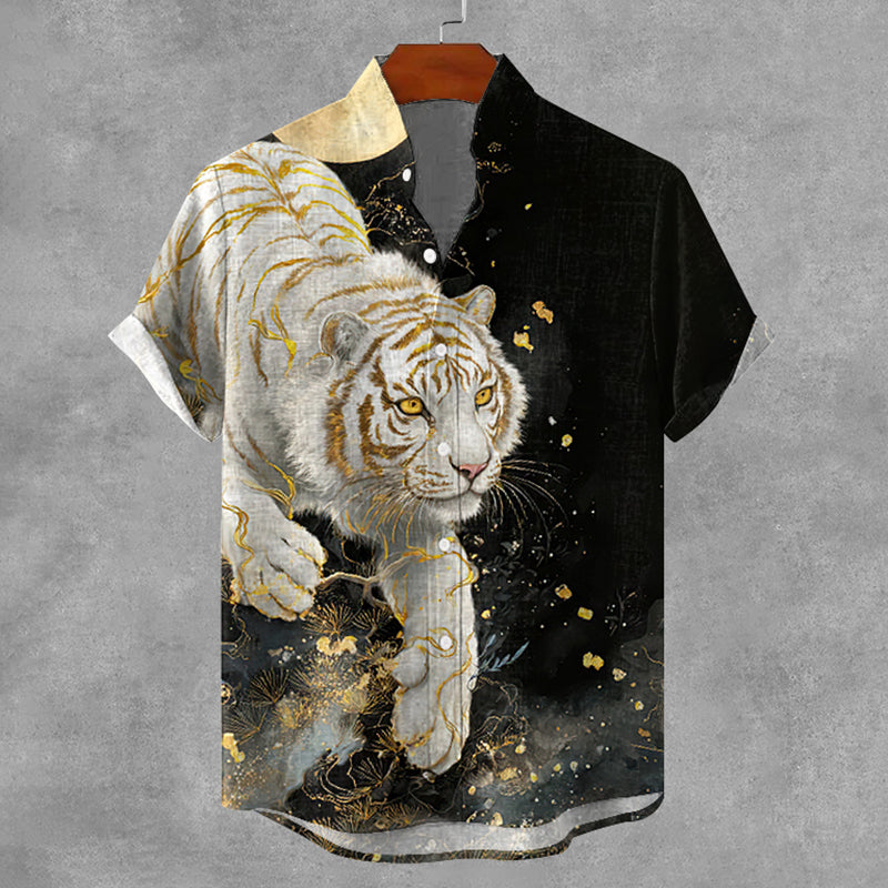 Men's Vintage Tiger Japanese Art Print Button Casaul Shirt